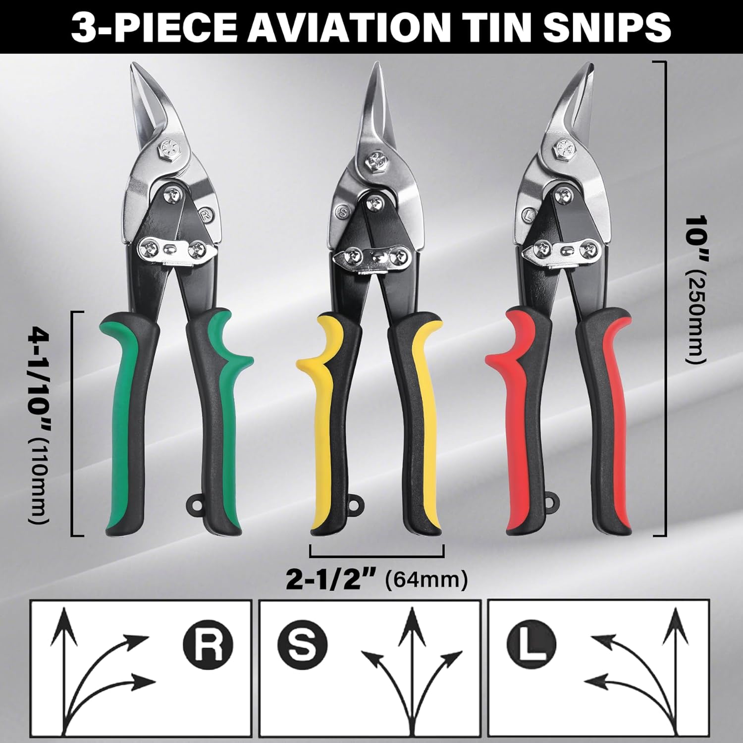 HAUTMEC 3 Pcs Aviation Tin Snips for Cutting Metal Sheet, Heavy-Duty CR-V Metal Shears, 10" Sheet Metal Cutter Tools with Safety Lock & Ergonomic Grip for Straight, Left & Right Cuts – HT0068