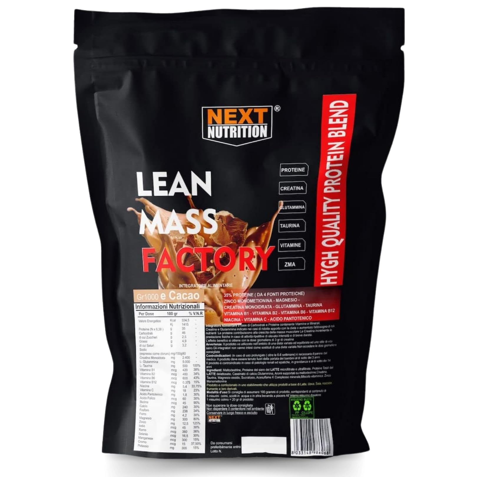Proteine Aumento Massa Muscolare Gainer LEAN MASS FACTORY Gr 1000 Gusto Vaniglia Con Creatina Glutammina Taurina ZMA Vitamine Senza aspartame Recupero Muscolare