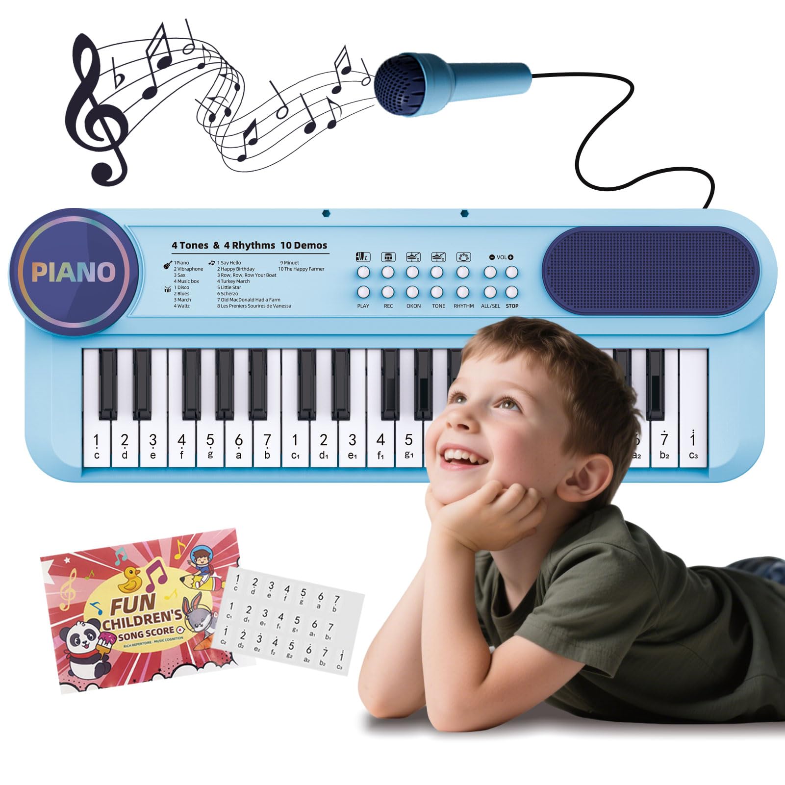 Teclado Piano Electrónico para Niñas de 2 Años, 37 Teclas Instrumento Portátil Azul con Micrófono, Juguetes Educativos con Sonido Musical, Regalos de Cumpleaños y Navidad para Niños de 3 4 5 6 Años