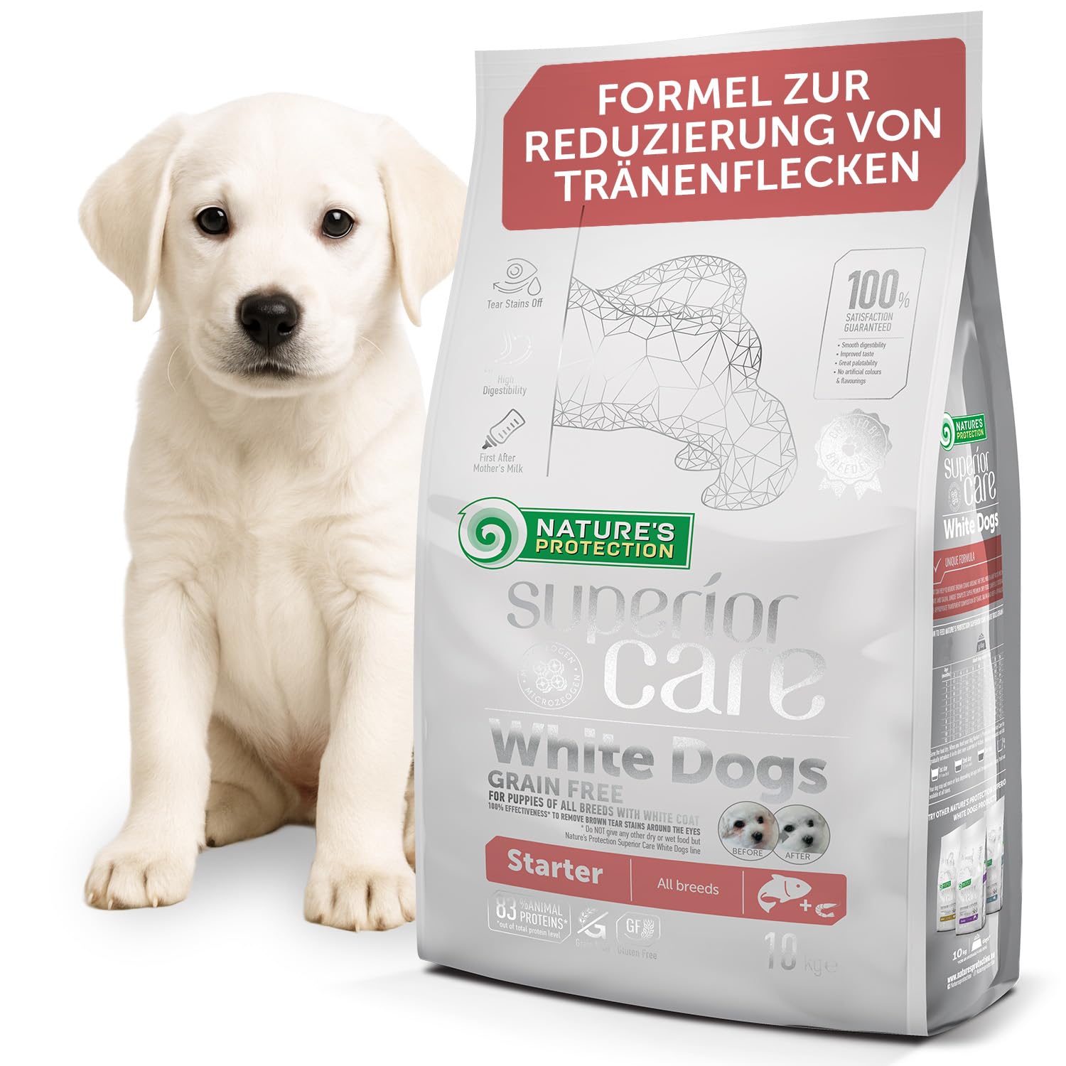 Nature's Protection Superior Care Hundefutter Trocken Getreidefrei - Hypoallergenes Welpenfutter mit Lachs für Weiße Hunde Aller Rassen, Trockenfutter für Welpen, 10kg