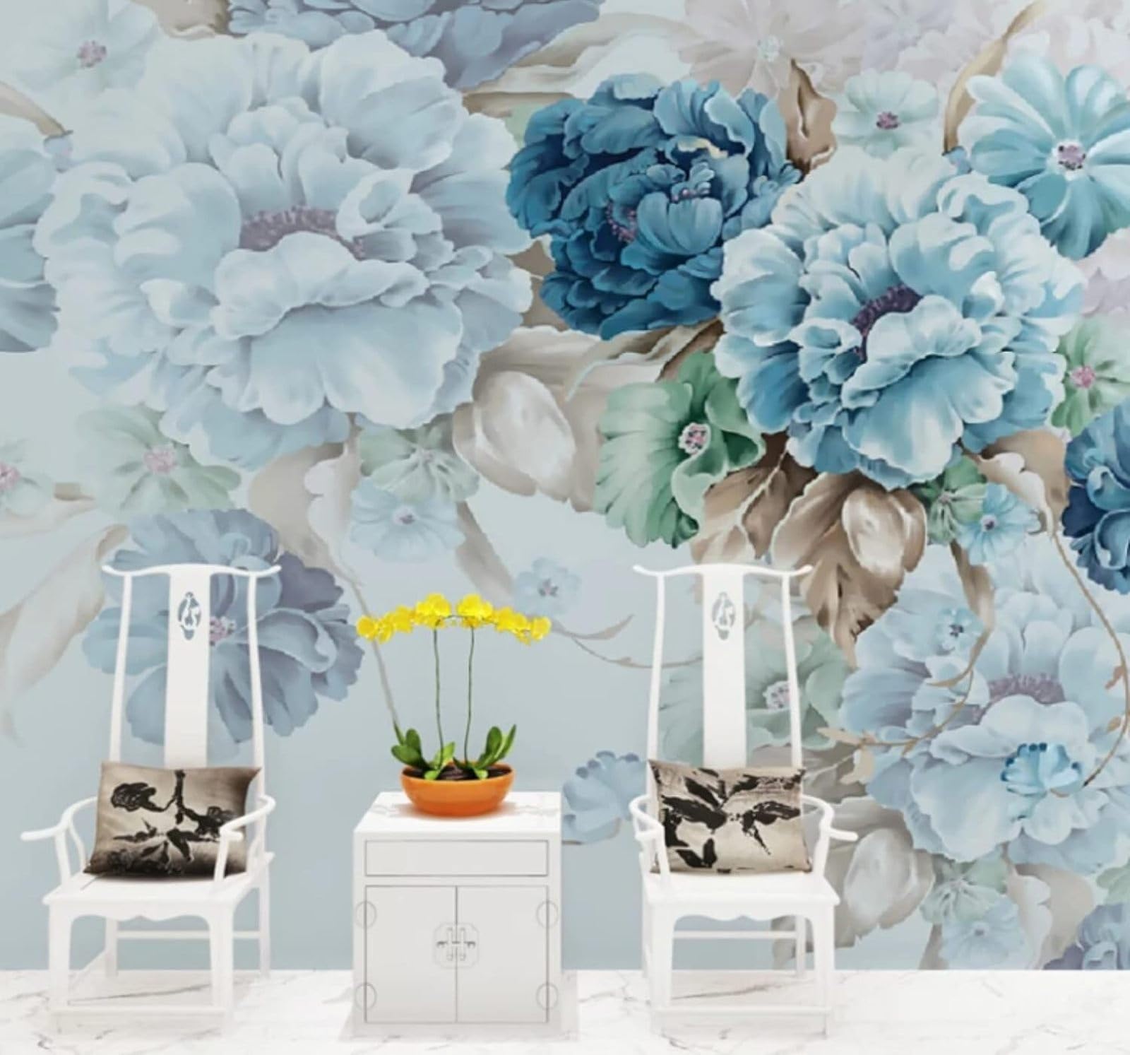 XLMING Hand Drawn Fresh Blue Pastoral Floral 3D Wallpaper Luxury Silk Study Dining Feature Sofa Grey Bedroom Living Room Tv Decorative Wall-350cm×256cm