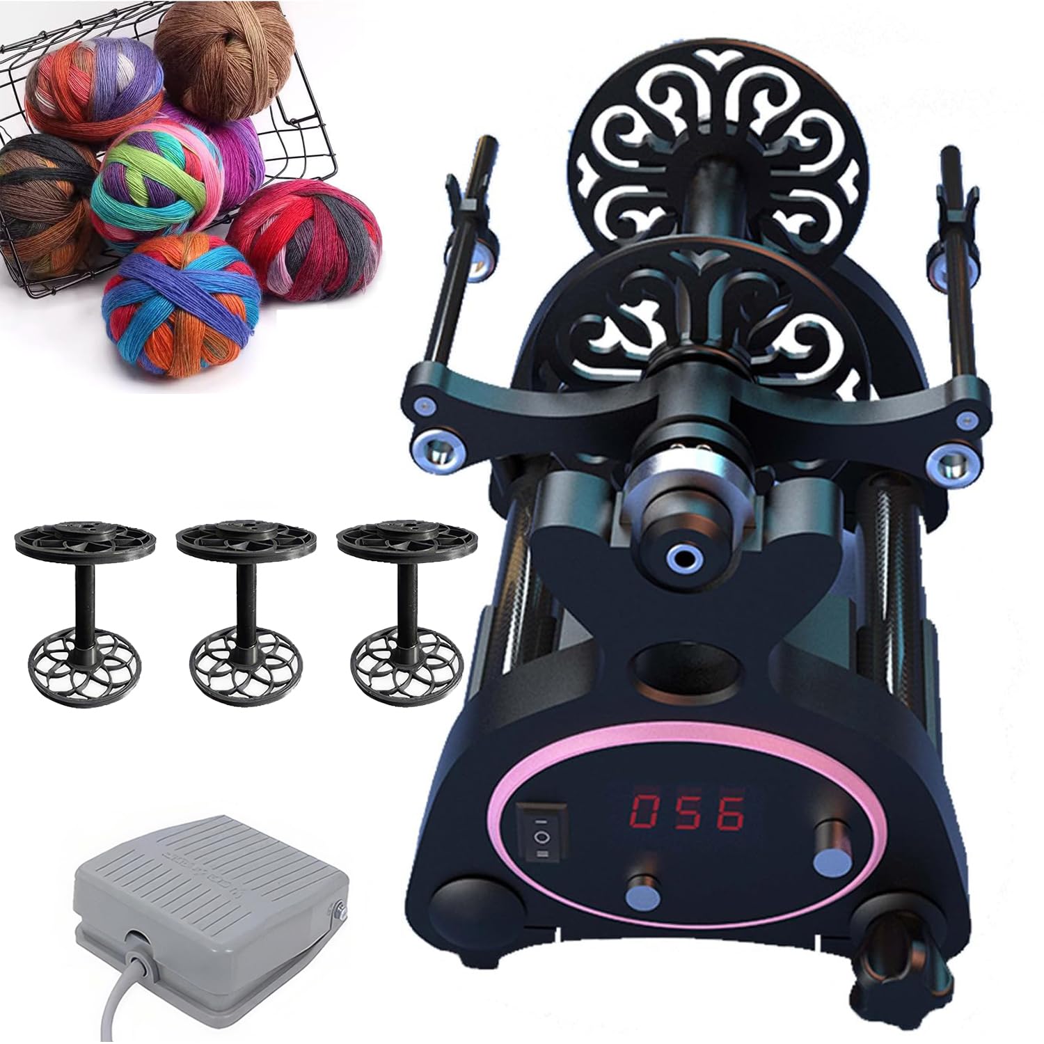 Hyqng Black3 Electric Spinning Wheel For Yarn Making, Yarn Spinner With Foot Controller & 3 Bobbins, Adjustable Speed, Forward And Reverse, Electric Wool Yarn Winder For Yarn Weaving, Mixed Roving Process