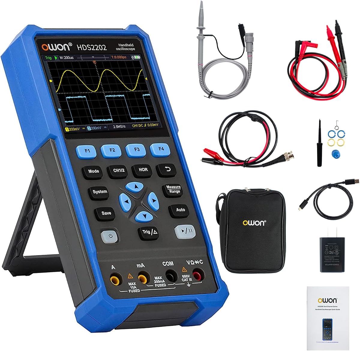 OWON Oscilloscope OWON-HDS2202 2 in 1 Digital Handheld Oscilloscope Multiumeter,2CH 200 Mhz Bandwidth USB Type-C Interface, 20000 Counts Digital Multimeter with 3.5 inch LCD Display