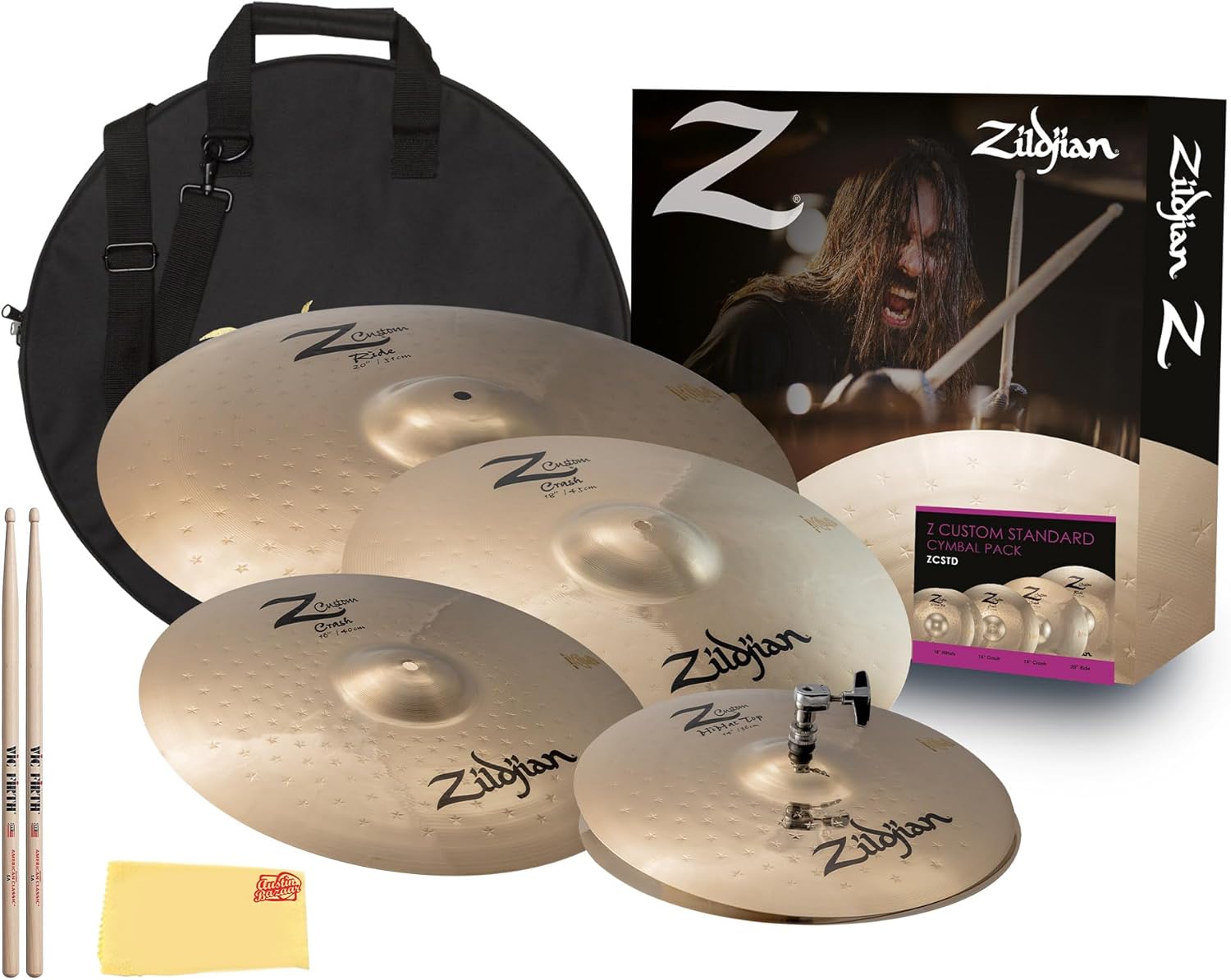 Zildjian ILHSTD I Family Standard Gig Cymbal Pack Bundle with Cymbal Bag, Drumsticks, and Austin Bazaar Polishing Cloth