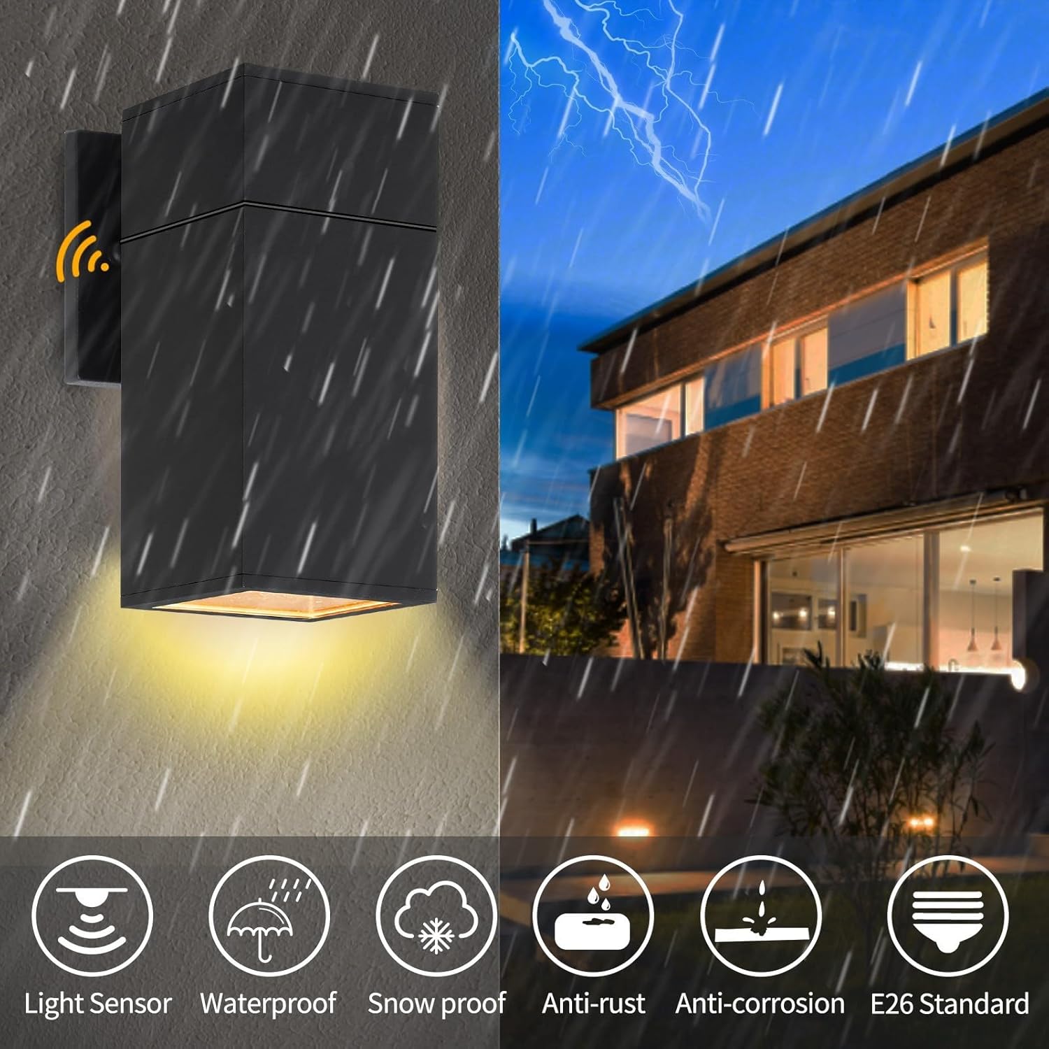 dusk to dawn outdoor wall light, exterior light - etl listed, aluminum anti-rust waterproof wall mount rectangular design – up or down photocell outdoor lighting for porch, garage or patio rectangle (black a-dusk to dawn)