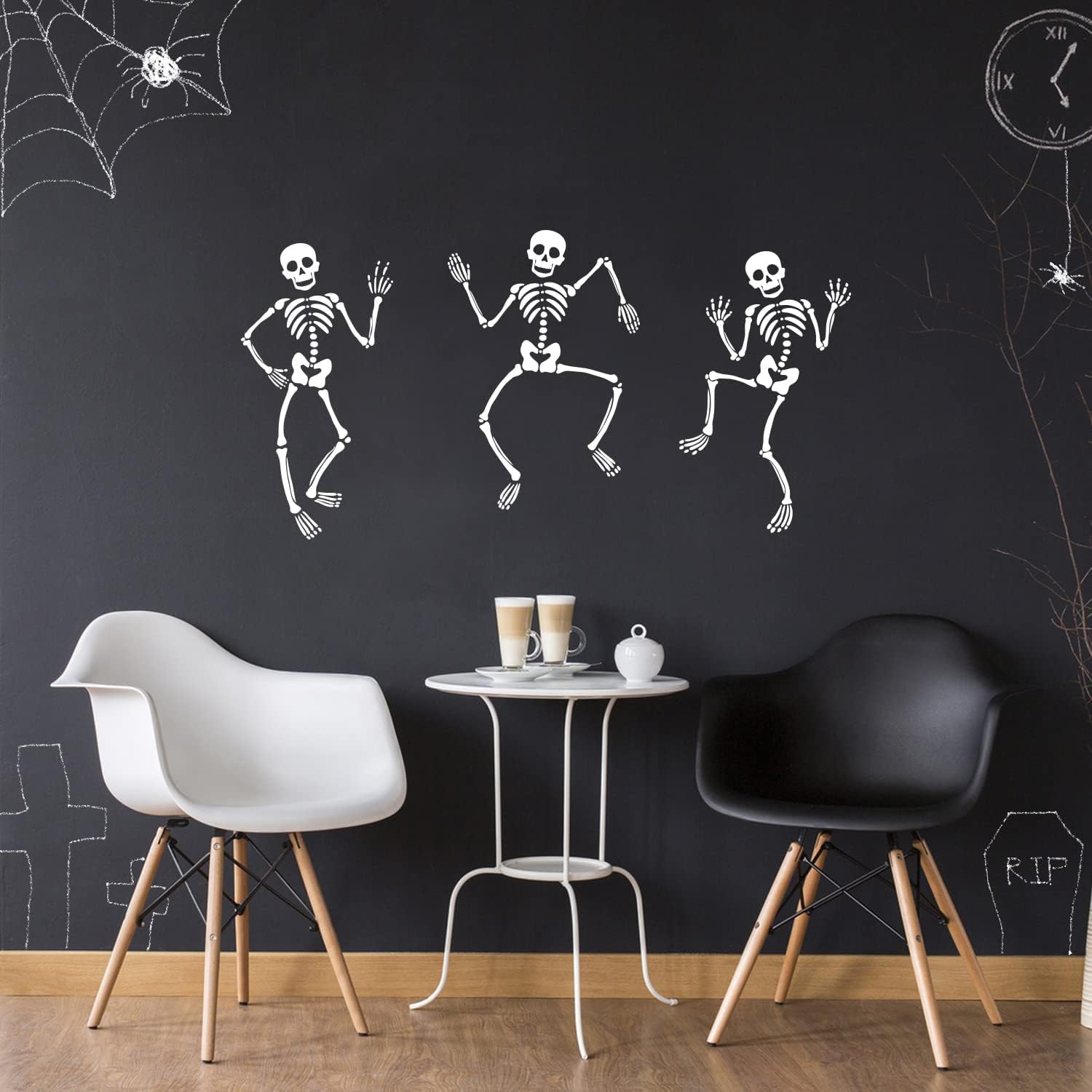 Vinyl Wall Art Decal - Set of 3 Skeleton - 68.5" x 15" - Seasonal Halloween Quote Sticker for Entryway Storefront Office Living Room Scary Spooky Decor (White)