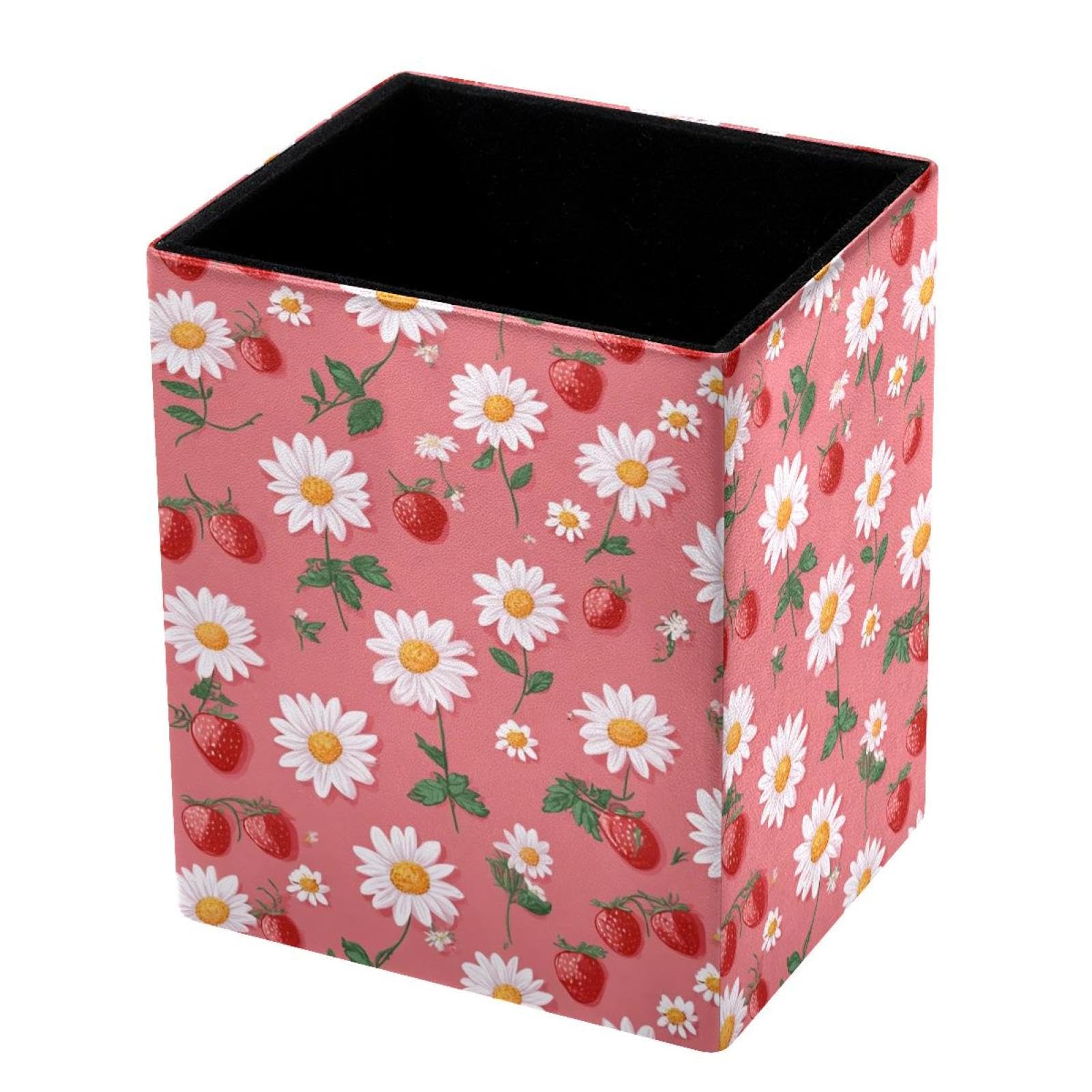 VAPOKF Pencil Holders for Desk, Strawberries and Daisies Printed Pen Holders Pen Pot Makeup Brushes Storage Desktop Stationery Supplies Organiser for Home Office