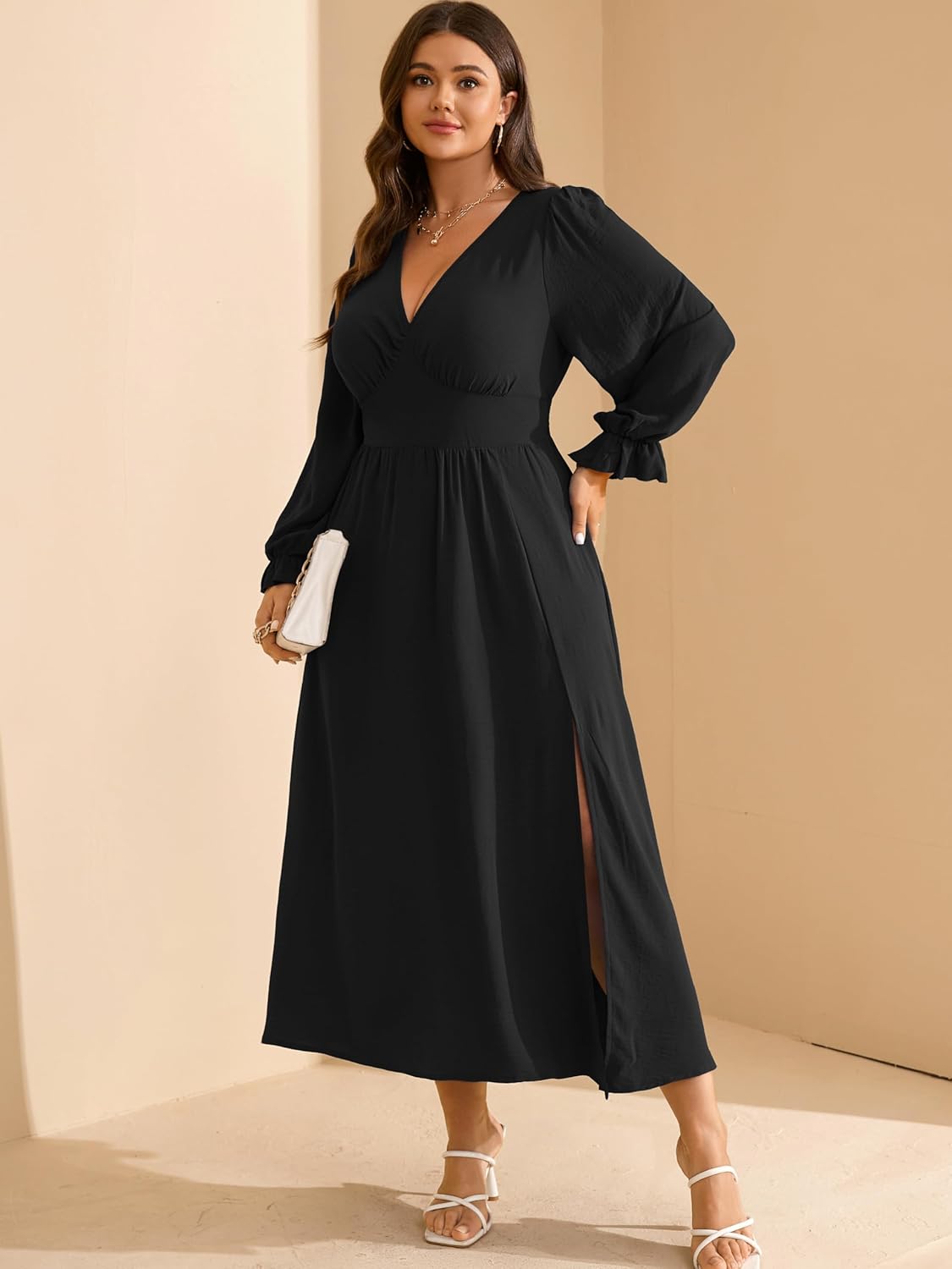 RWJ Plus Size Wedding Guest Dress for Women Deep V Neck Long Sleeve High Waist Slit Formal Cocktail Party Fall Maxi Dresses - Image 7