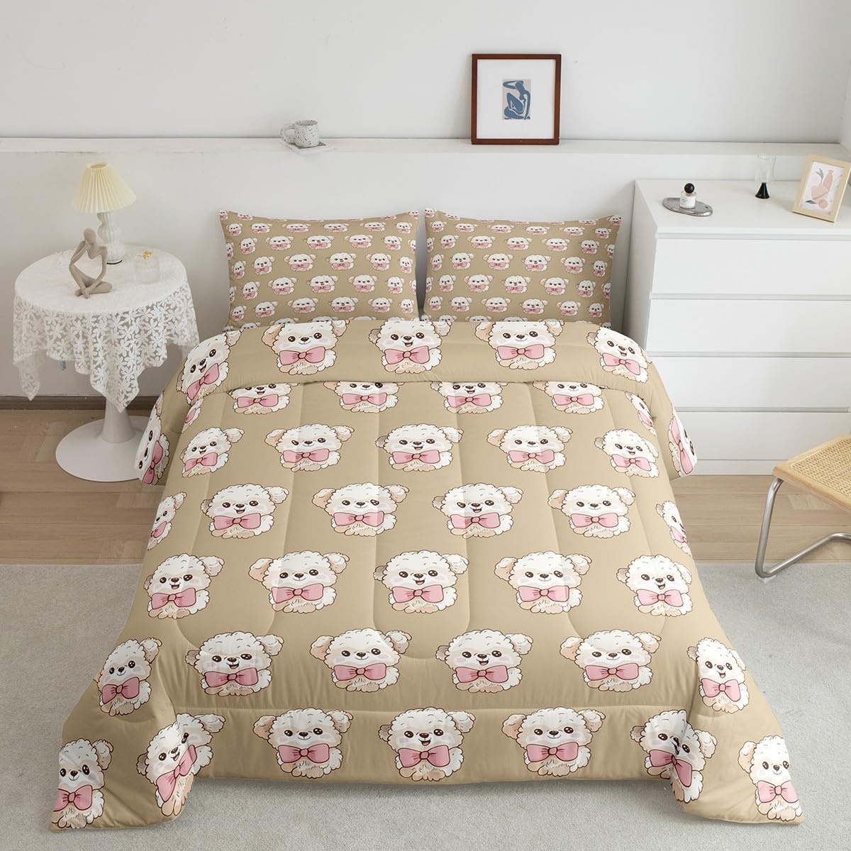 Erosebridal Cartoon Dogs Comforter Set for Kids Boys Girls,Kawaii Bow Puppy Toddler Bedding Set,Princess Bowknot Quilt Set with 1 Pillowcase,Cute Pet Animal Duvet Set
