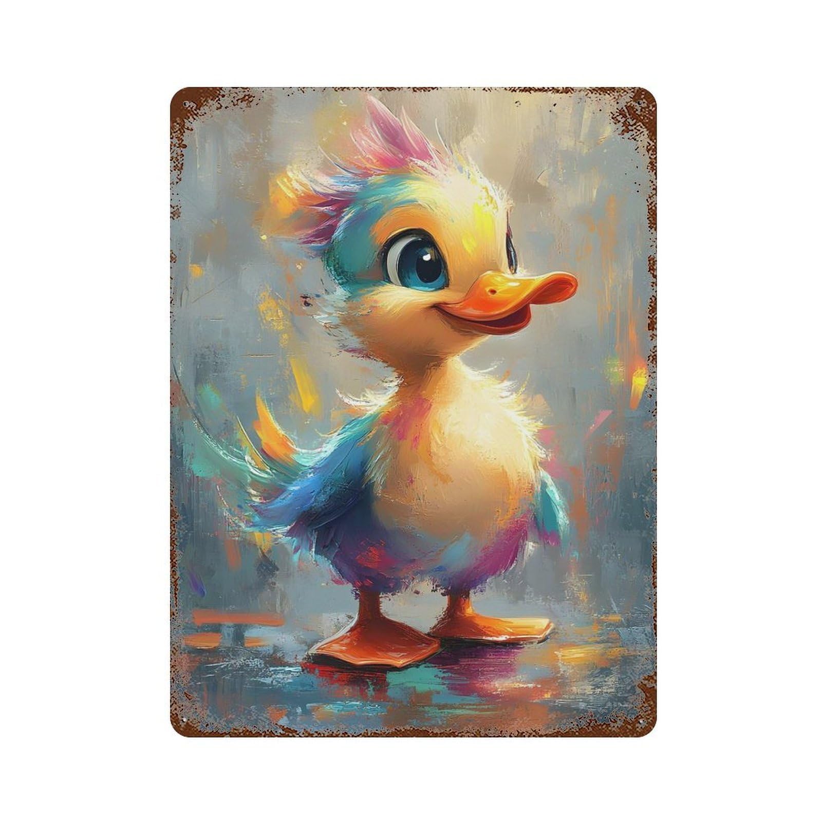 Rusty Metal Tin Sign with Cute Duckling Painting Design 15.7"x11.8", for Farmhouse, Kitchen And Entryway Decor, Rustic Home Decor