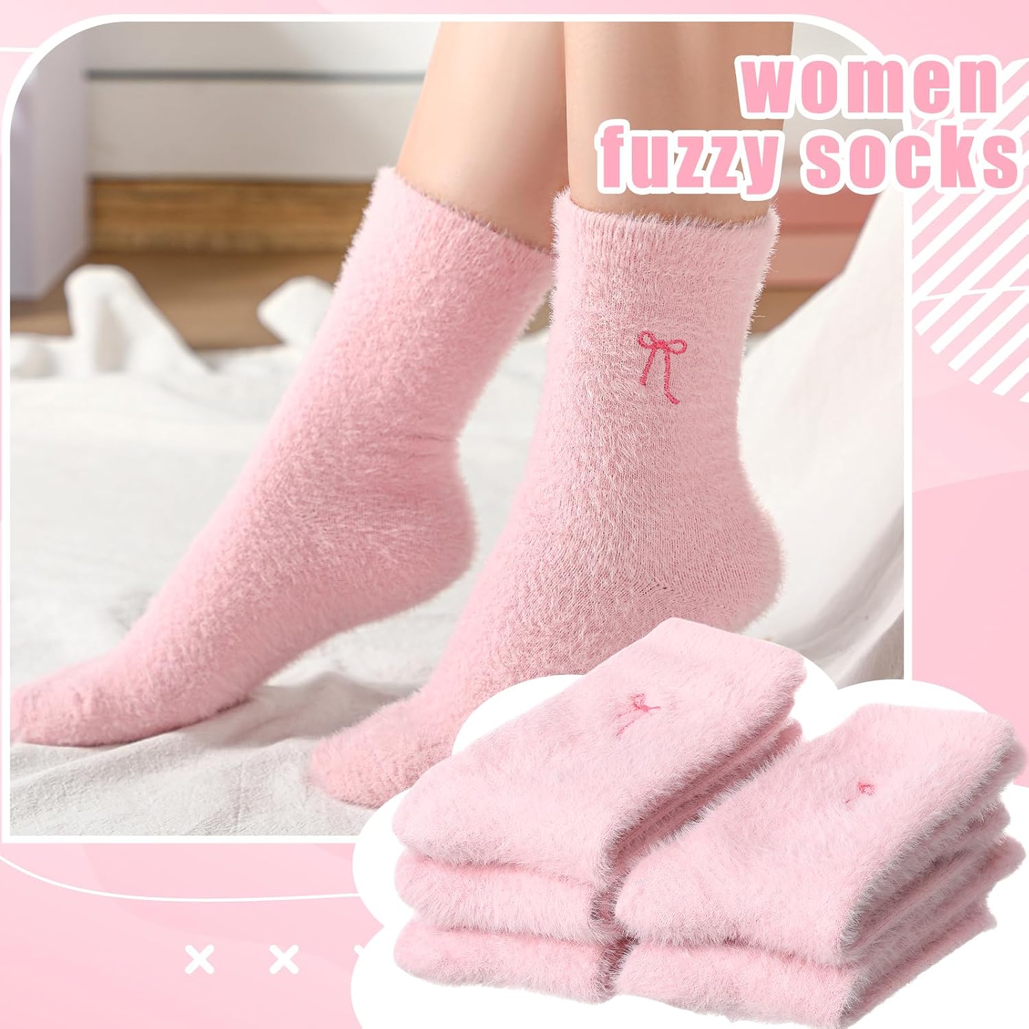 Geyoga 5 Pairs Bow Fuzzy Socks for Women Coquette Preppy Stuff Cozy Slipper Socks Girls Soft Fluffy Home Sleeping Gift