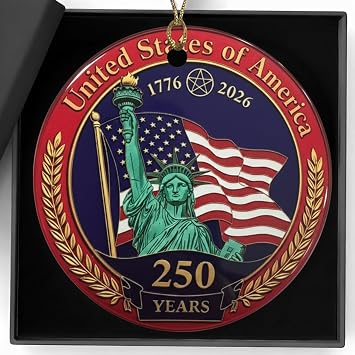 250 Anniversary Ornament 17762026 USA 250th Anniversary Merchandise Commemorative Ceramics Ornament 4th of July Veterans Day Gift for Indoor Window or Vehicle Decoration Gift Box
