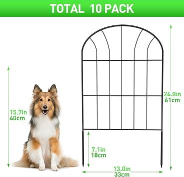Decorative Garden Fence (10 Panels, 60cm H x 33cm W, Total Length 3.3m), Rustproof Metal Fence Panels, No Dig Fence Outdoor Fence Border Fence Dog Fence for Flower Bed, Yard, Animal Barrier