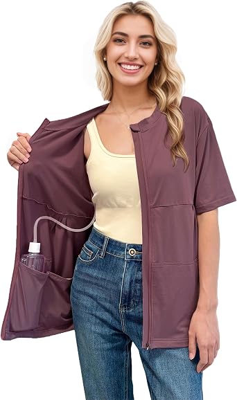 RAGEMALL Post Mastectomy Shirts with Drain Pockets Surgery Recovery Must Haves Clothing Comfy Front Zip Up Short Sleeve Tops