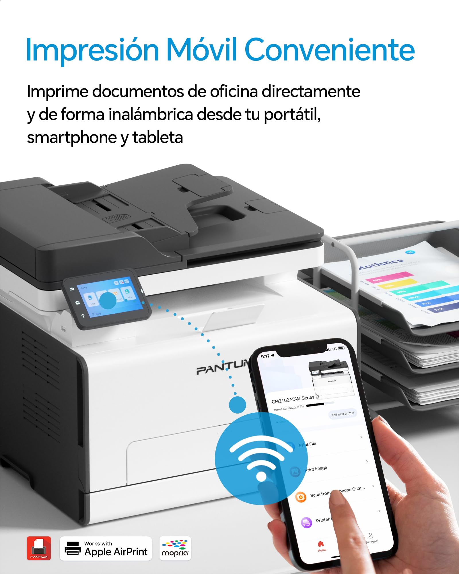 PANTUM CM2100ADW Impresora Laser Color Multifunción con WiFi, Impresión Automática a Doble Cara(20ppm, ADF, Wi-Fi Direct, Ethernet, USB), Tóner Original Incluido