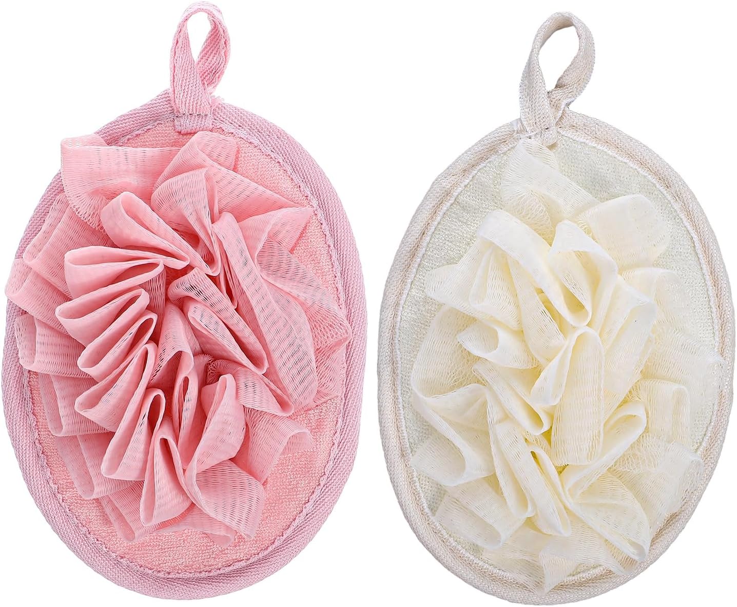 2 Pack Travel Size Loofah, Shower Puff with Elastic Hand Strap, Exfoliating Shower Puff for Body and Sensitive Skin, Lightweight Washable Mesh Sponges (Pink, Beige)