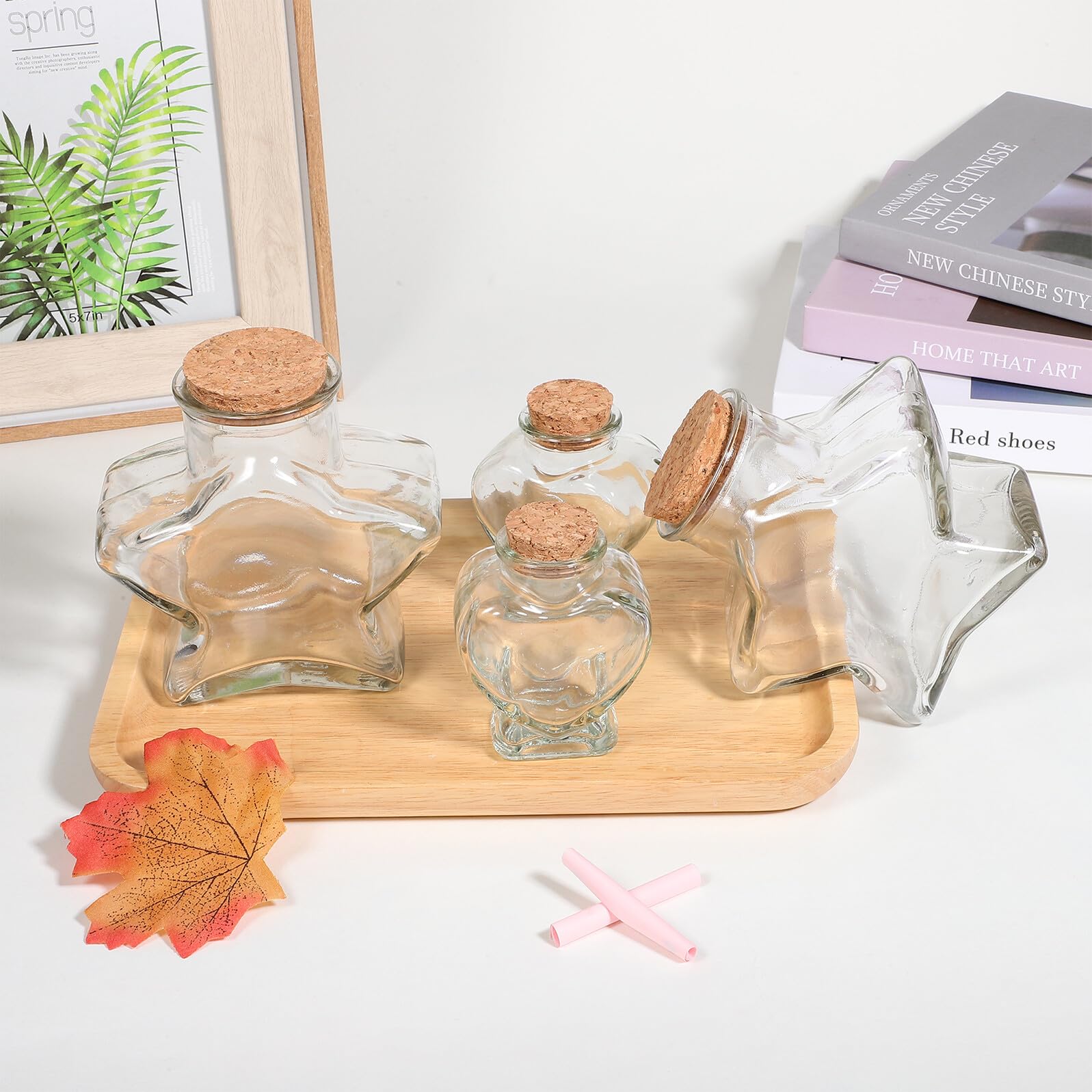 Toyvian Set da 4 Barattoli di Vetro Trasparente con Tappo in Sughero Bottiglie Decorative a Forma di Cuore e Stella Contenitori Artigianali per Caramelle Messaggi e Decorazioni Fai da