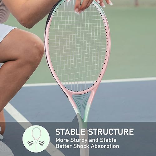 Miniatura 6 de OGEENIER Juego de raquetas de tenis de 27 pulgadas para adultos, raquetas de tenis preencordadas para principiantes, juego de tenis recreativo para