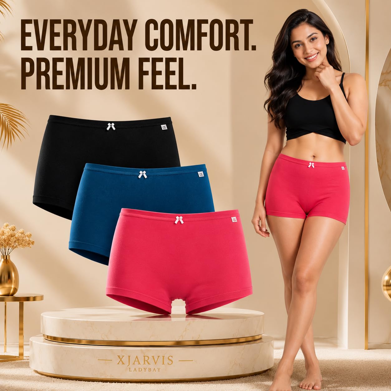 XJARVIS Ladybay Women's Combed Cotton Boy Shorts Mid Rise Full Coverage Stretch Boyleg Underwear, Pack of 3 (Black/Pink/Blue, M)