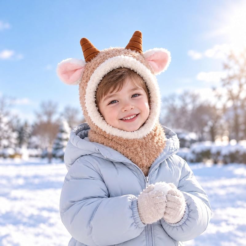 Kids Winter Knit Hooded Scarf Cute reindeer – product photo 5 of 6