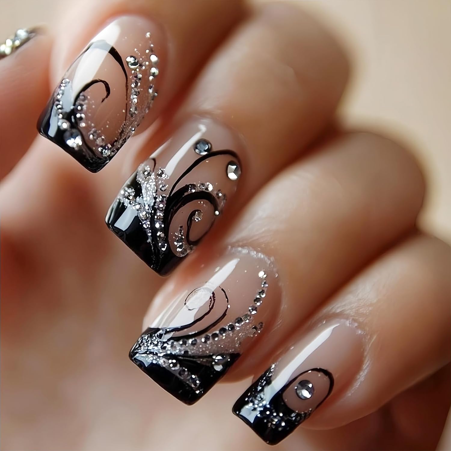 Black Press on Nails - Medium Square Glossy False Nails