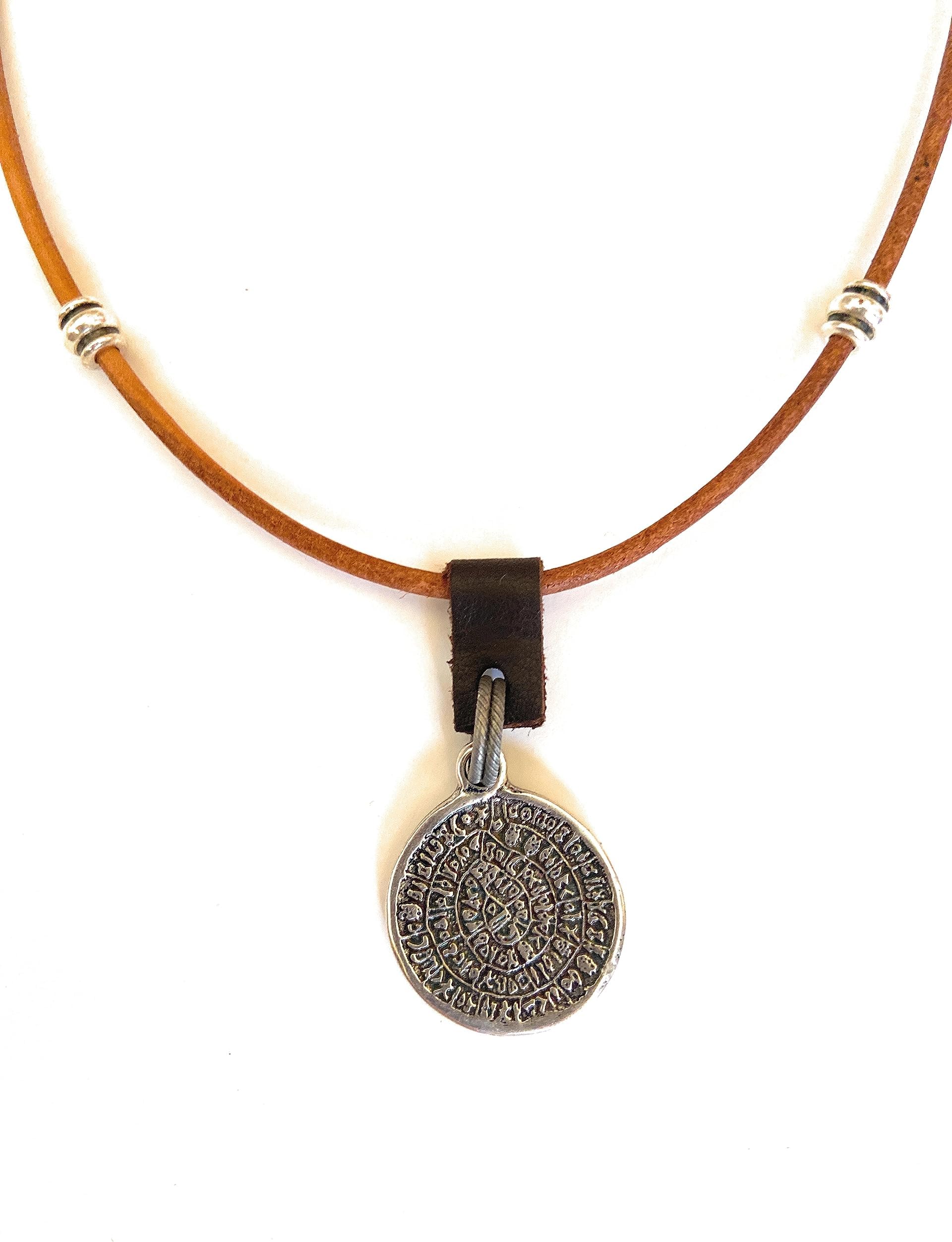 Mens Ancient Greek Coin Leather Necklace, Phaistos Symbol Handmade Wearable Art