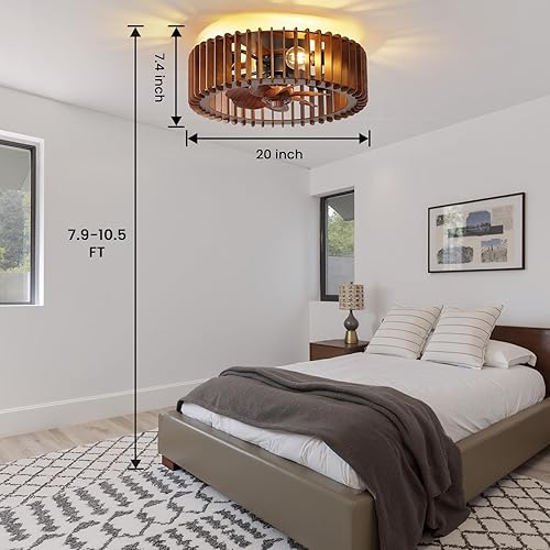 Miniatura 7 de Ventilador de techo enjaulado de montaje empotrado de 20 pulgadas con luz, ventilador de techo de madera de bajo perfil con luz y control remoto, 6