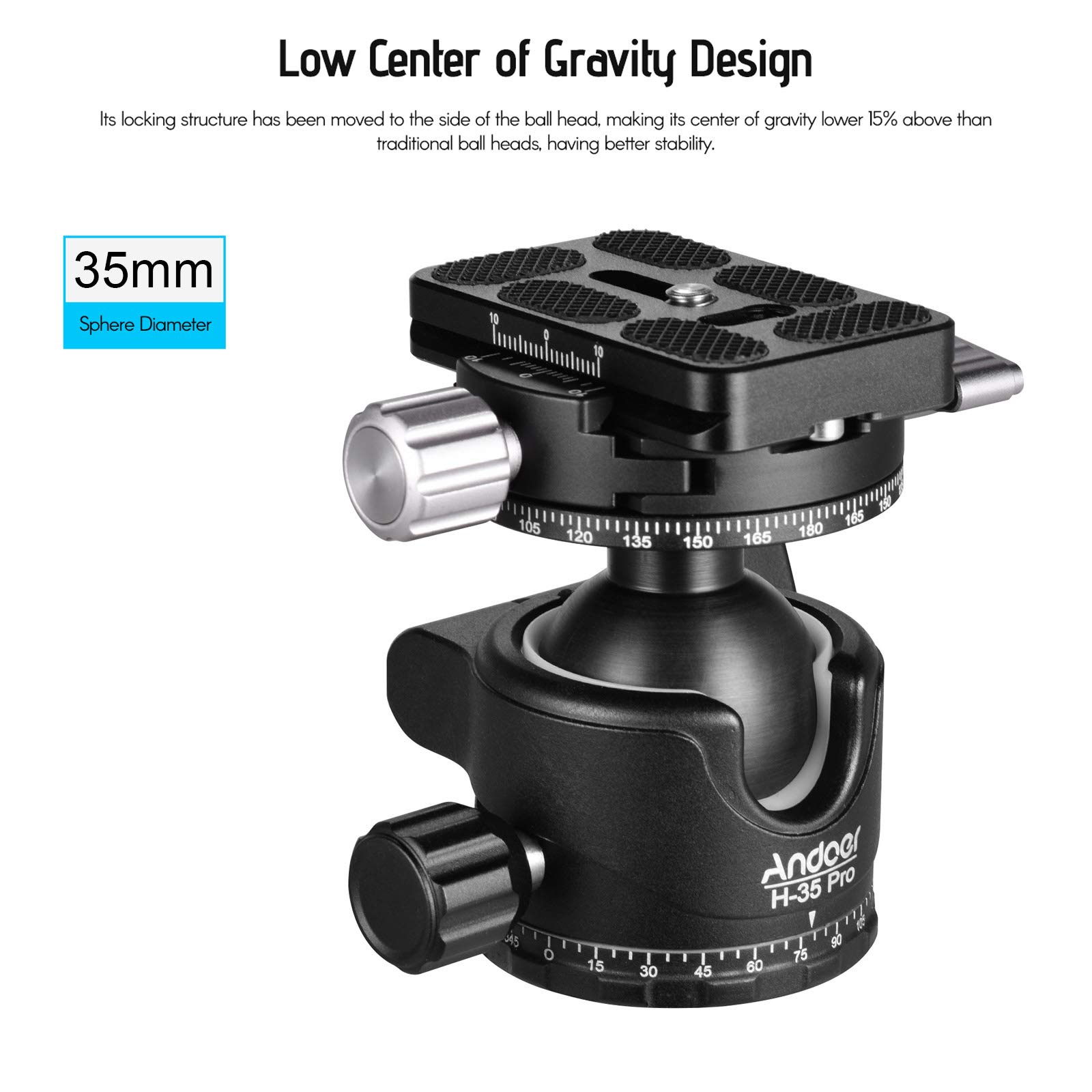 Andoer H-35 Pro Panorama Ballhead Testa a sfera Adattatore per treppiede Centro a bassa gravità con doppia scala panoramica Scanalatura a U Lega di alluminio Max. Capacità di carico di 15 kg