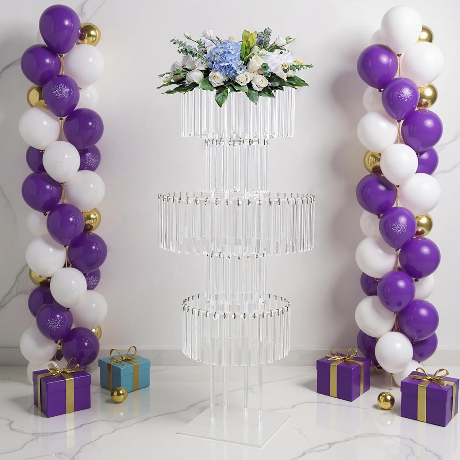 5 Tier Acrylic Wedding Flower Stand, Crystal Curtain Display Stand for Party Decor, Centerpiece Table for Birthday Graduation, Sparkling Tiered Stand with 43.3in Height, 11.02lbs Capacity