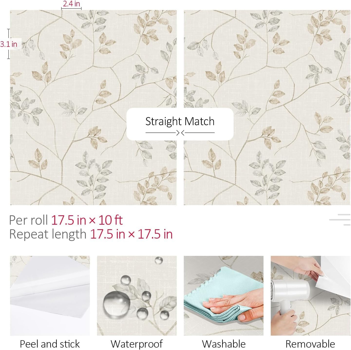 ReWallpaper Tan and White Peel and Stick Wallpaper Country Farmhouse Style Removable Wall Paper Roll Self Adhesive Contact Paper Decorative Twigs Wall Mural for Bedroom 17.5in X 10ft