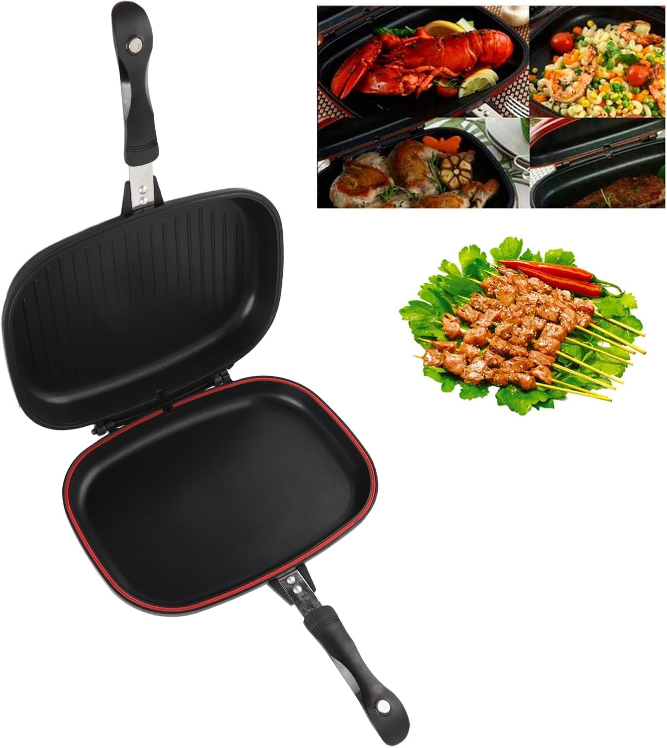 Double Sided Frying Pan,Multi Purpose Double Grill,Multifunctional Breakfast Pan,Grill Pan Frying with Portable Anti Burn Handle Kitchen Supplies Grills Pot 32cm/12.6in