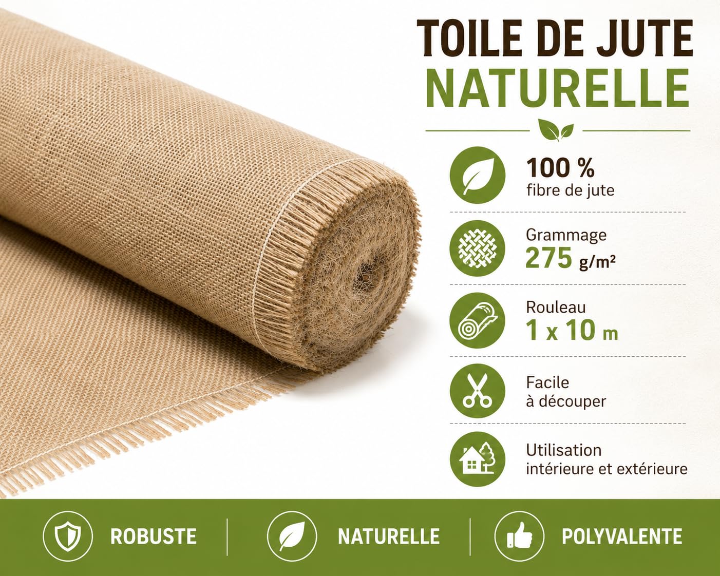 Toile de Jute teinte naturelle, 275 gr/m², rouleau 1 m x 10 m, La Cordeline CJN11C, pour jardinage, emballage ou bricolage, Marron