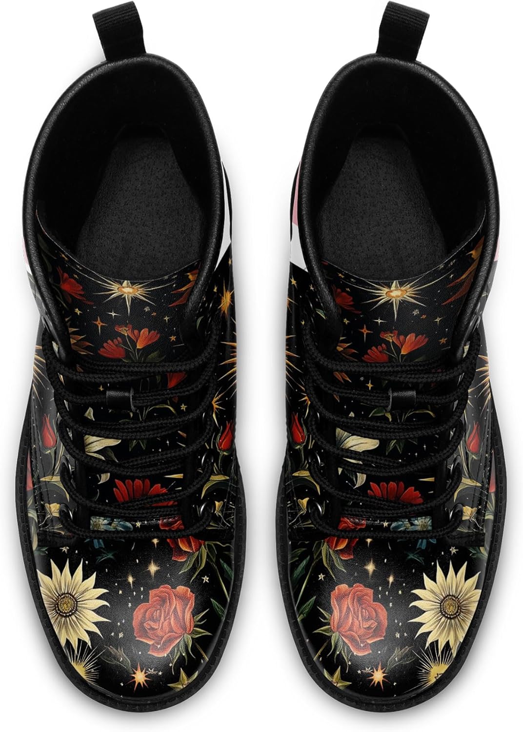 Womens Mushroom Floral Combat Boots - Witchcore Forest Goth Boots Chuncky Heel Vegan Leather Fashion Lace-Up Black Ankle Booties