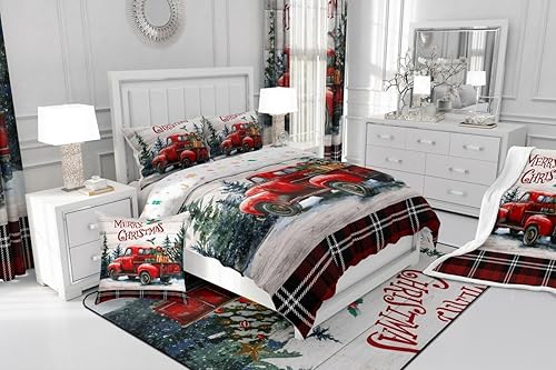 Miniatura 6 de Juego de edredón de Feliz Navidad, tamaño Queen, juego de edredón vintage de camión de Navidad rojo y negro, juego de ropa de cama de 3 piezas para