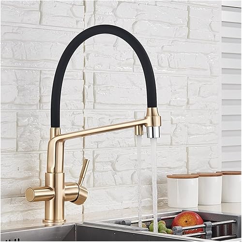 Miniatura 7 de KYLEX Grifo de cocina de oro cepillado con filtro de agua doble boquilla función de purificación de grifo de cocina con rotación de 360 grúa de agua