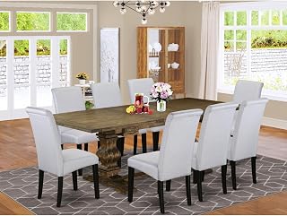 Baroque Beauty 9-Piece Modern Dining Table Set with Chairs Legs and Gray Linen Fabric Dining Chairs Set of 8 and Rectangular Table - Black and Distressed Jacobean Finish