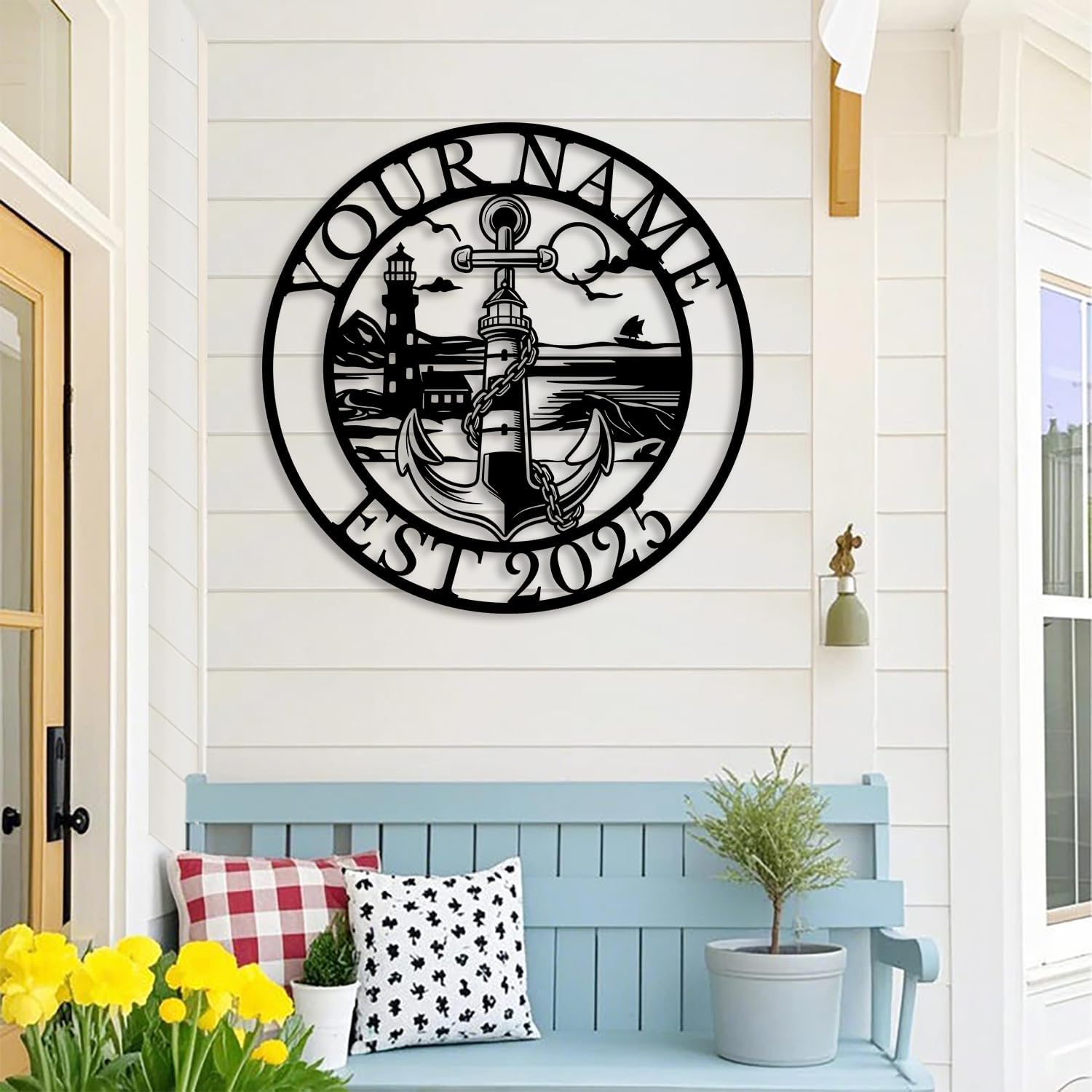 Personalized Lighthouse Metal Sign,Custom Lighthouse Name Sign,Beach House Decor,Harbor House Number Address Plaque (Style-1)