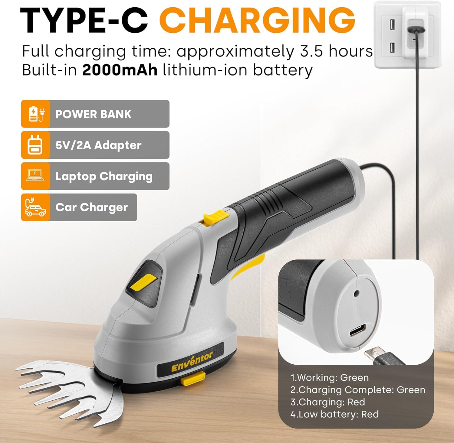 Enventor Cordless Hedge Trimmer and Grass Shear, 7.4V 2000mAh Lithium-ion Rechargeable Battery, 2-in-1 Handheld Electric Grass Trimmer, Small Hedge Cutter with 2 Interchangeable Blades