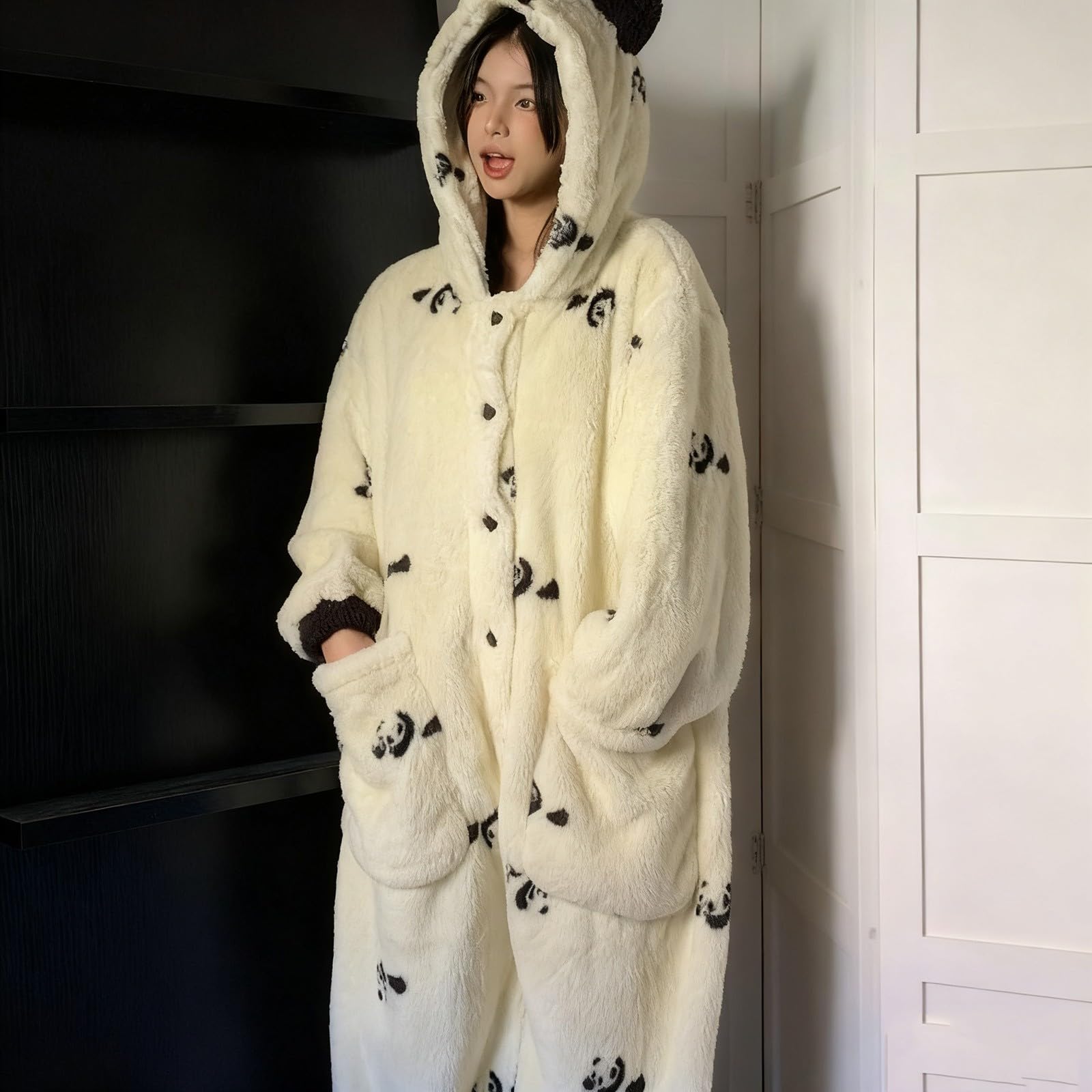 Generico Pigiama Tuta Donna - Pigiama Intero in Pile Morbido con Stampa Panda Cartone Animato per Donna Abbigliamento casa Caldo Invernale Relax Confortevole
