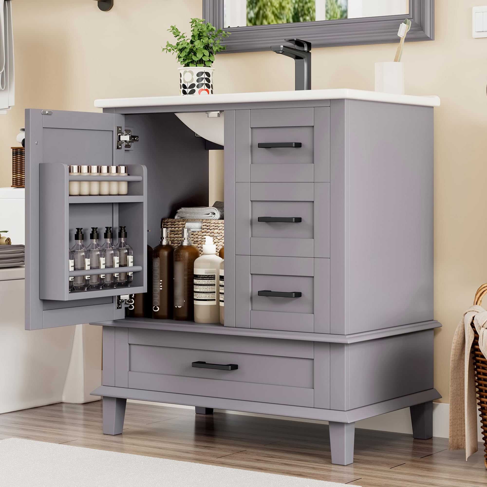 Armario de baño de pie Easexcy, 76 x 46 x 83,5 cm, lacado, estantería puerta, 3 cajones, lavabo cerámico integrado (gris)