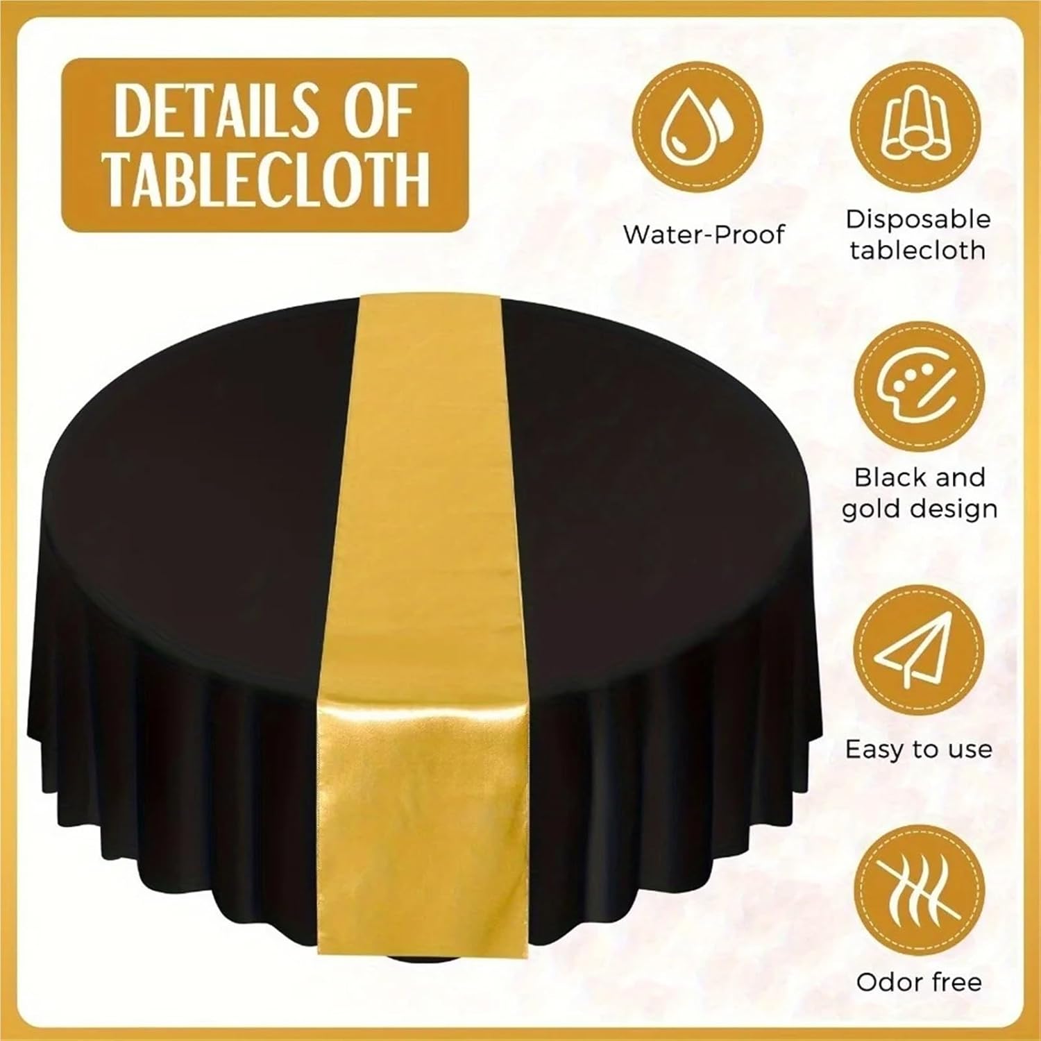 Black and Gold Round Tablecloth 4/8/16set Table Runner and Round Plastic Tablecloths Set Black and Gold Cover(4set)
