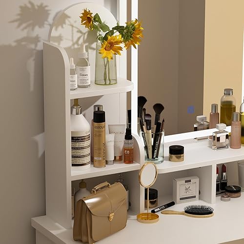 Miniatura 6 de Juego de mesa de tocador con espejo iluminado, mesa de maquillaje con 3 estantes y 5 cajones, mesas de tocador de vestir, escritorio tocador para