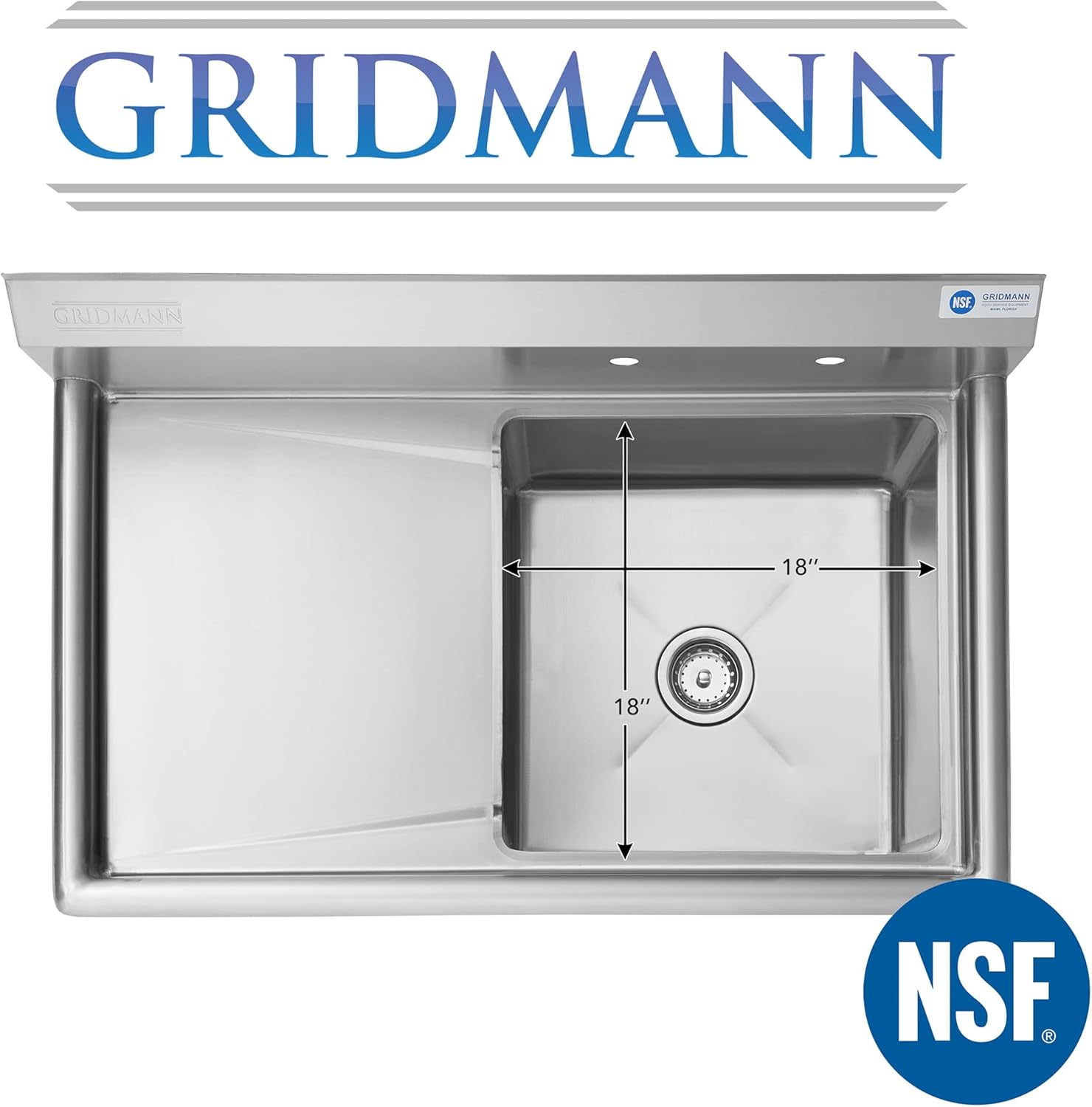 GRIDMANN Stainless Steel 1 Compartment Utility Sink with Left Drainboard, NSF Certified Commercial Kitchen Sink, 18" x 18" x 12" Bowl