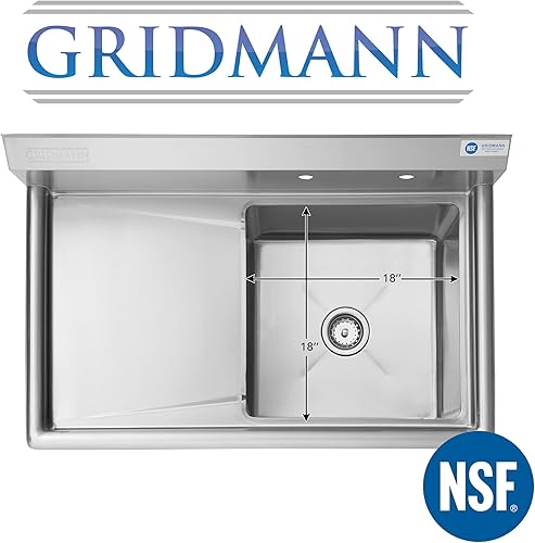 Miniatura 3 de GRIDMANN NSF - Fregadero de cocina comercial de acero inoxidable de 18.0 pulgadas con escurridor izquierdo, 12.0 pulgadas de profundidad