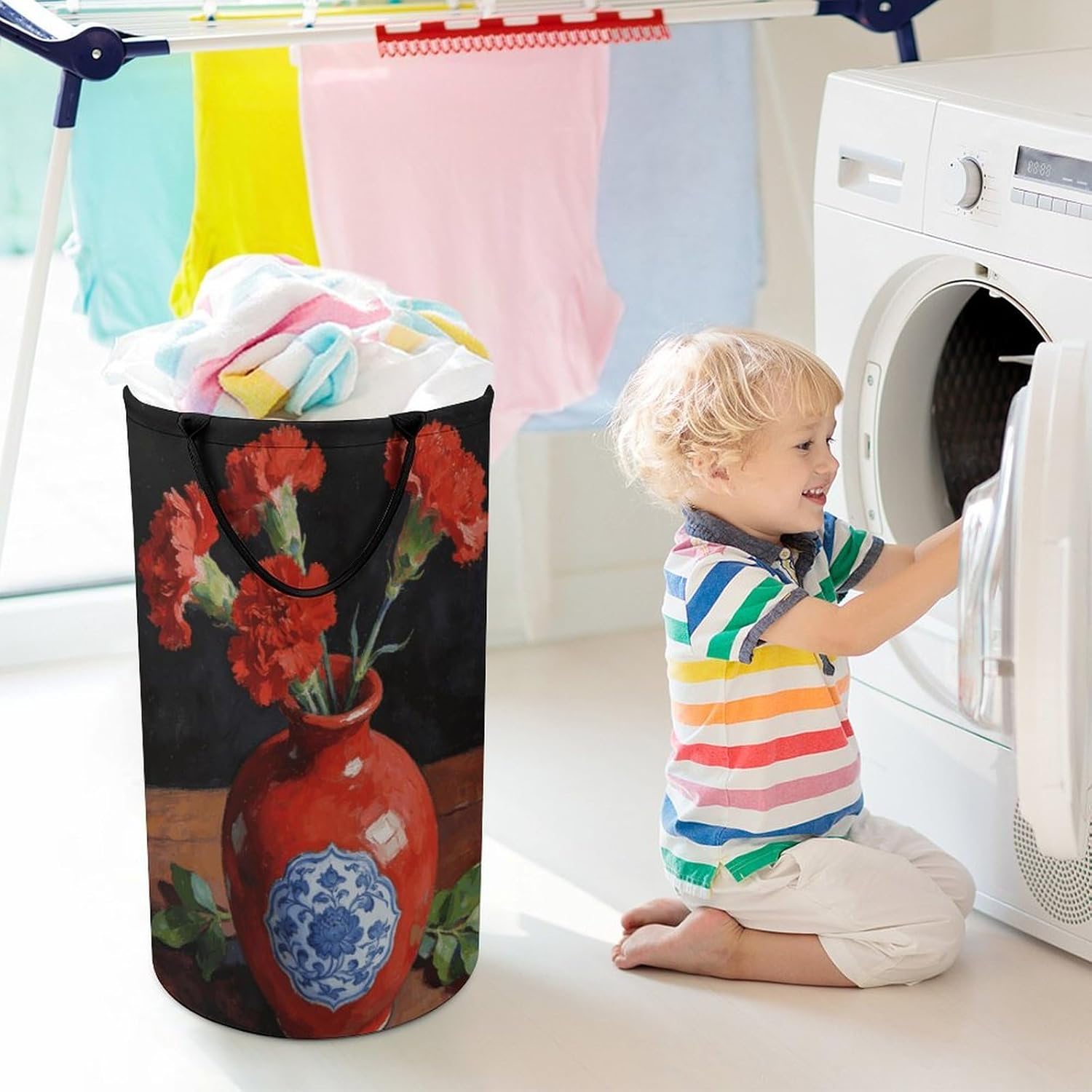 Zhu Ping Dan Hua Laundry Hamper with Handles Waterproof Collapsible Laundry Basket Large Lightweight Round Dirty Clothes Hamper for Home Dorm Bathroom Decor