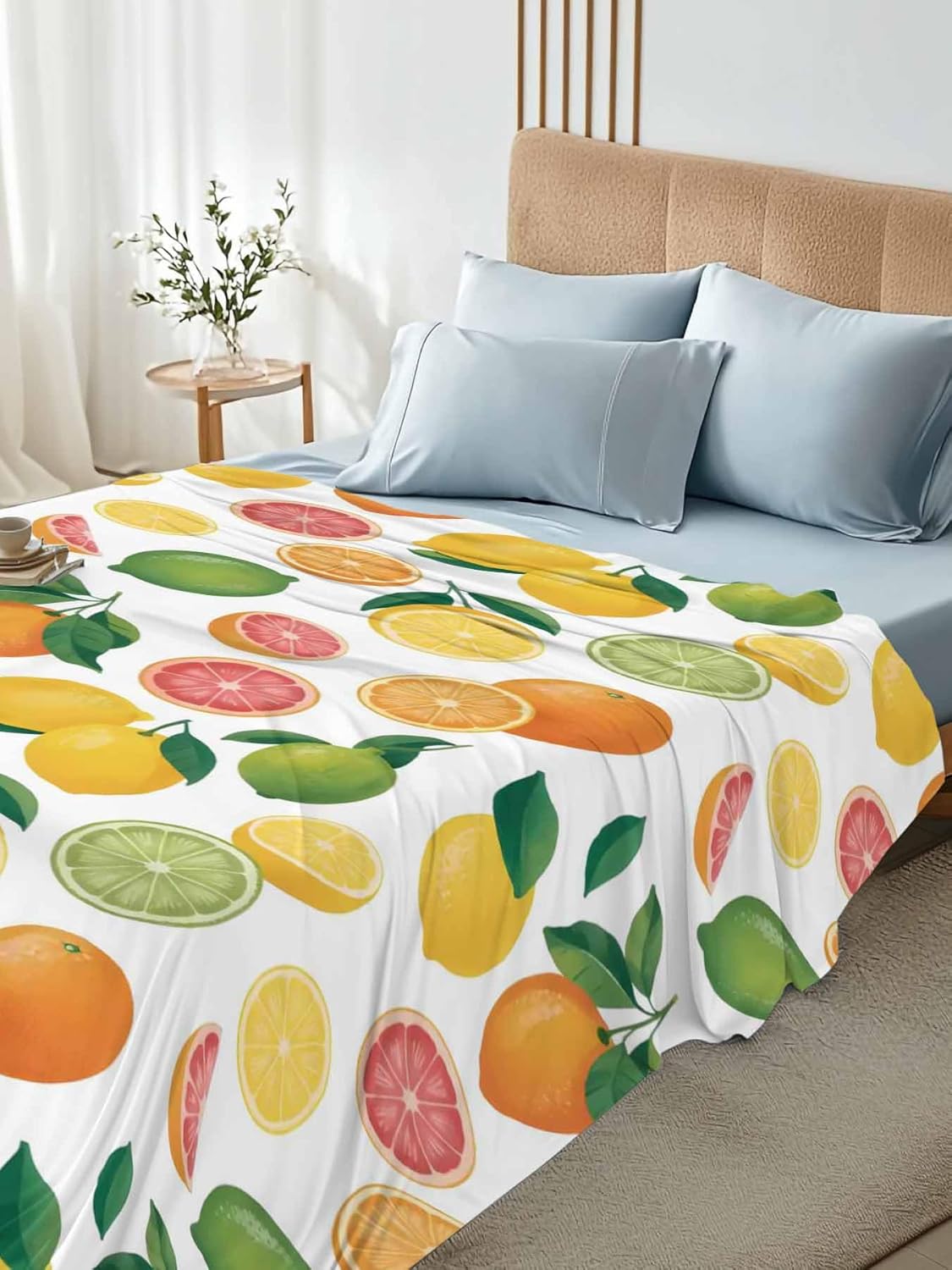 Top Sheet Full Bedding Flat Sheet Only, Farmhouse Lemon Orange Grapefruit Microfiber Bed Sheets Soft Breathable Bedding Flat Sheets, Summer Fruit Hotel Luxury Top Sheets