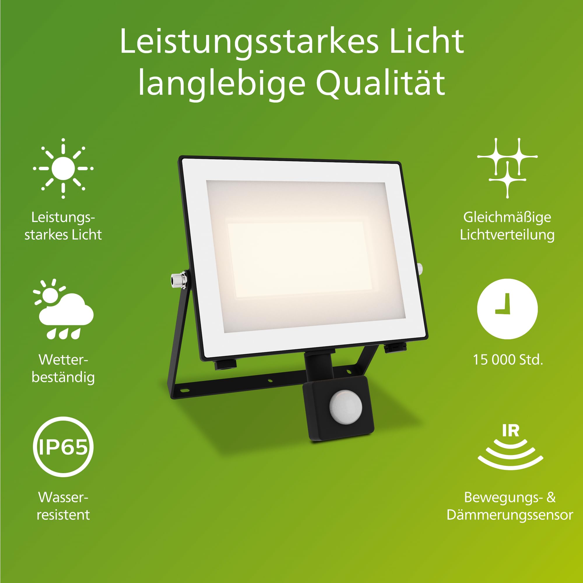 Philips Lois Flutlichtstrahler für den Außenbereich, inkl. Bewegungssensor, 50 Watt, 3000K weißes Licht, Schwarz