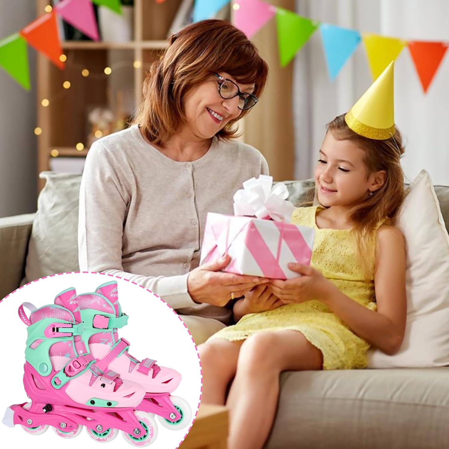 Inline Skates, Adjustable Childrens Inline Skates with Light up Wheels for Girls, Boys, Teens, Beginner | with Protective Gears and Carry Bag