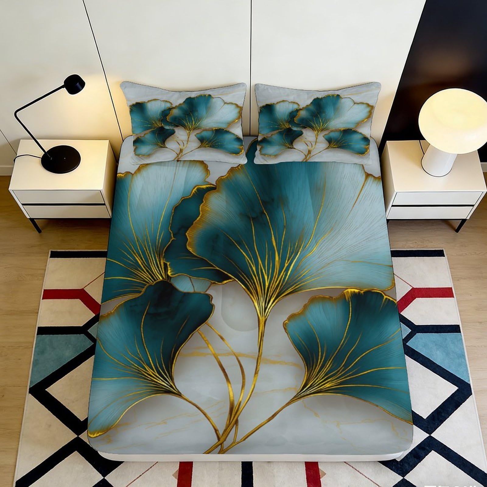 3D Printed Blue Ginkgo Leaf Fitted Sheet Microfiber Deep Pocket Bedroom Bedding Set Blue Ginkgo Leaf Mattress Fitted Cover Non-Slip Washable for Home 140x200x25cm