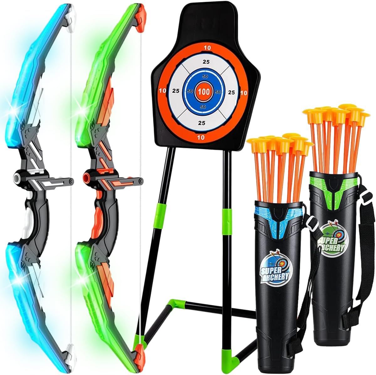 Bow and Arrow Set for Kids 2-Pack LED Light Up Archery Set with 20 Suction Cup Arrows Archery Toy Set with Standing Target & 2 Quivers Indoor & Outdoor Toy for Boys Girls Children Ages 3-12
